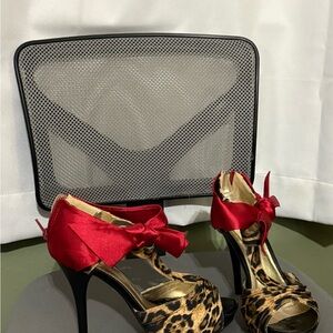 Leopard Print Stiletto Heels with Red Bow
